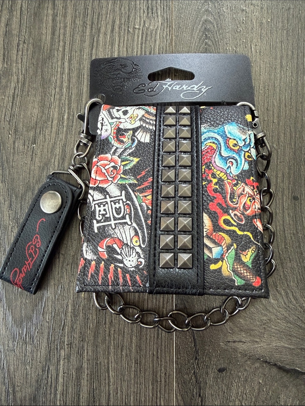 NWT Ed Hardy Black Tattoo-Print Studded Wallet with Chain